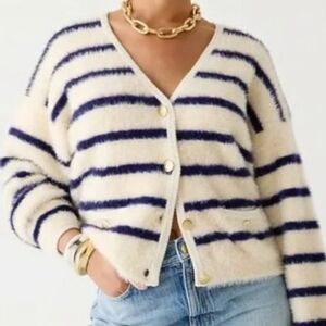 J.Crew Women's Brushed Cardigan Sweater Strip Cream Blue Gold Buttons Pockets S